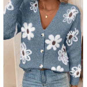 Cozy Floral Print Fuzzy Button Down Oversized Cardigan